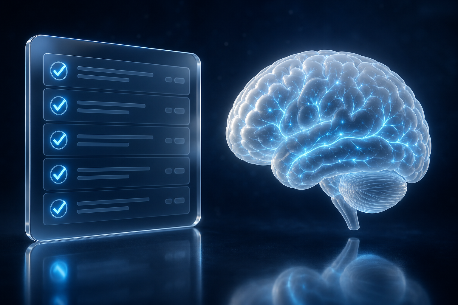 3D render of a clinical checklist card with cyan checkmarks beside a porcelain brain