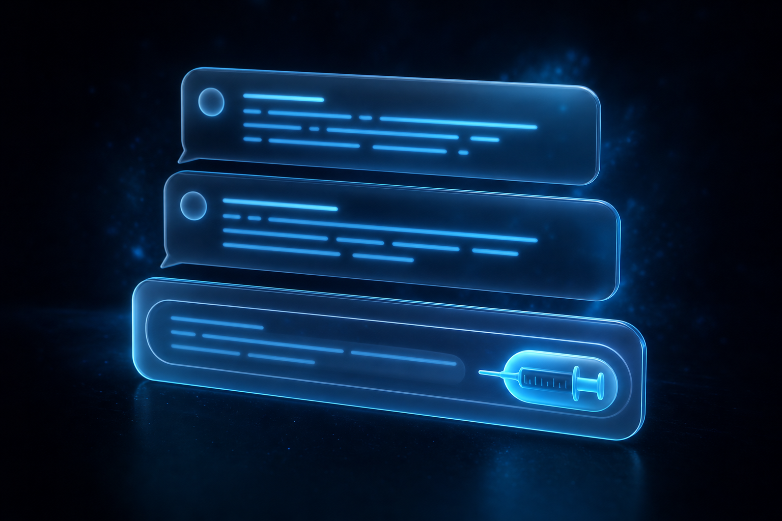 3D render of stacked glassmorphic chat message cards with a glowing cyan send button